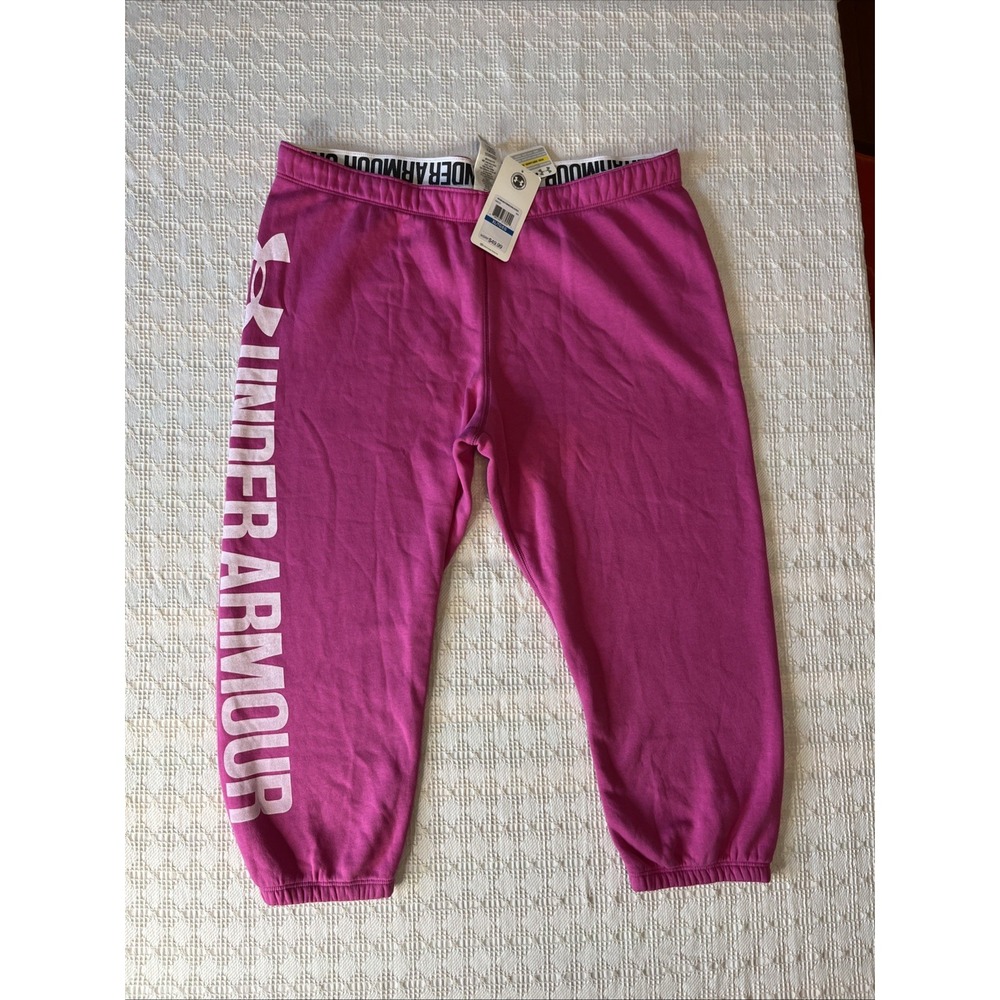 Under Armour Womens XL Fitted Crop Fleece Joggers Pink Cozy Sweatpants Logo